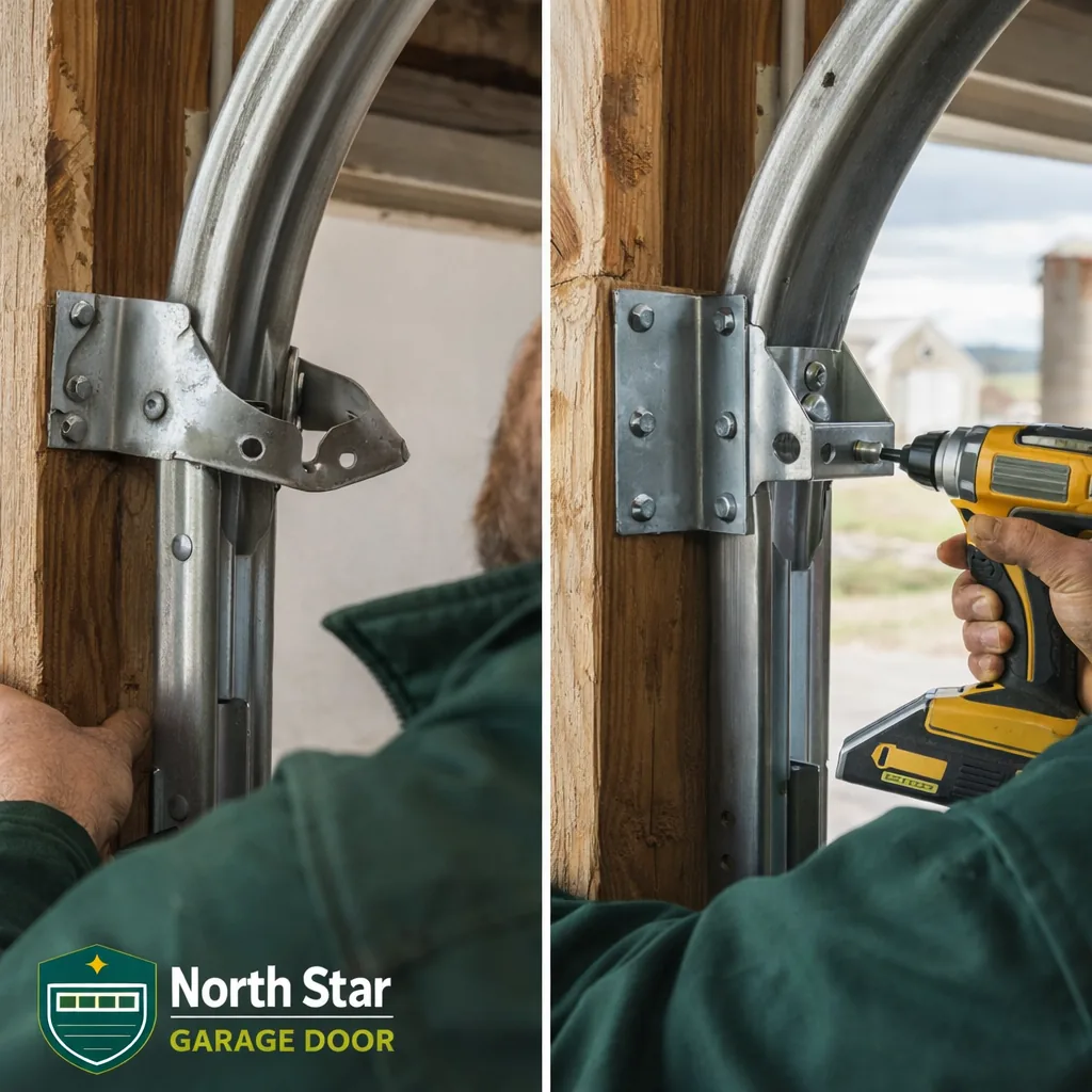 Side-by-side of a garage door track bracket before repair (loose, misaligned) and after (re-secured and aligned) on a rural-style Falcon property.