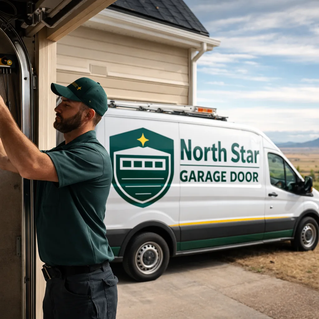 A North Star technician repairing a residential garage door outside a home in Falcon, open high-plains terrain visible in the background.
