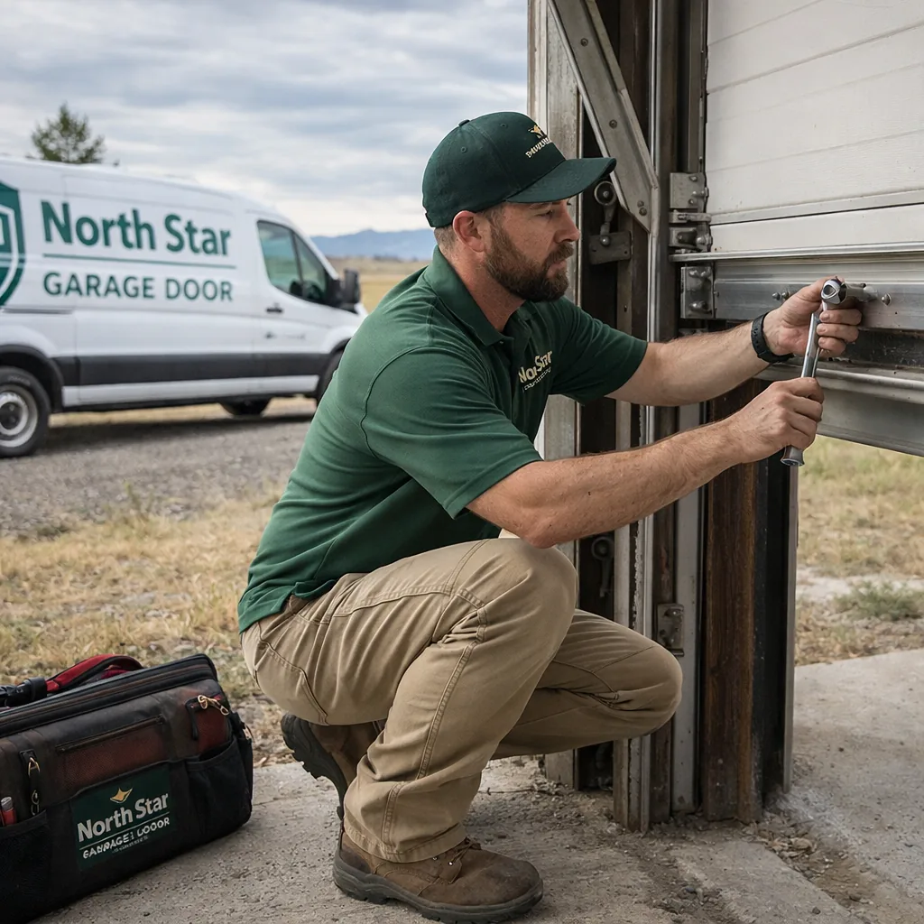 A North Star technician kneeling beside an open garage door on a Falcon property with a larger lot and detached outbuilding visible nearby.