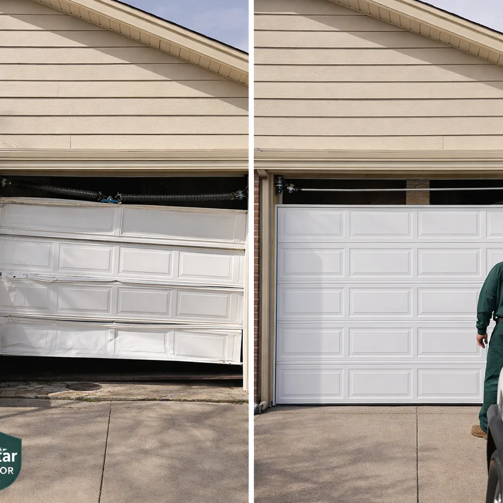 Side-by-side of a garage door before repair (broken spring, sagging door) and after (level, spring replaced, cables seated) on a single-family Fountain home.