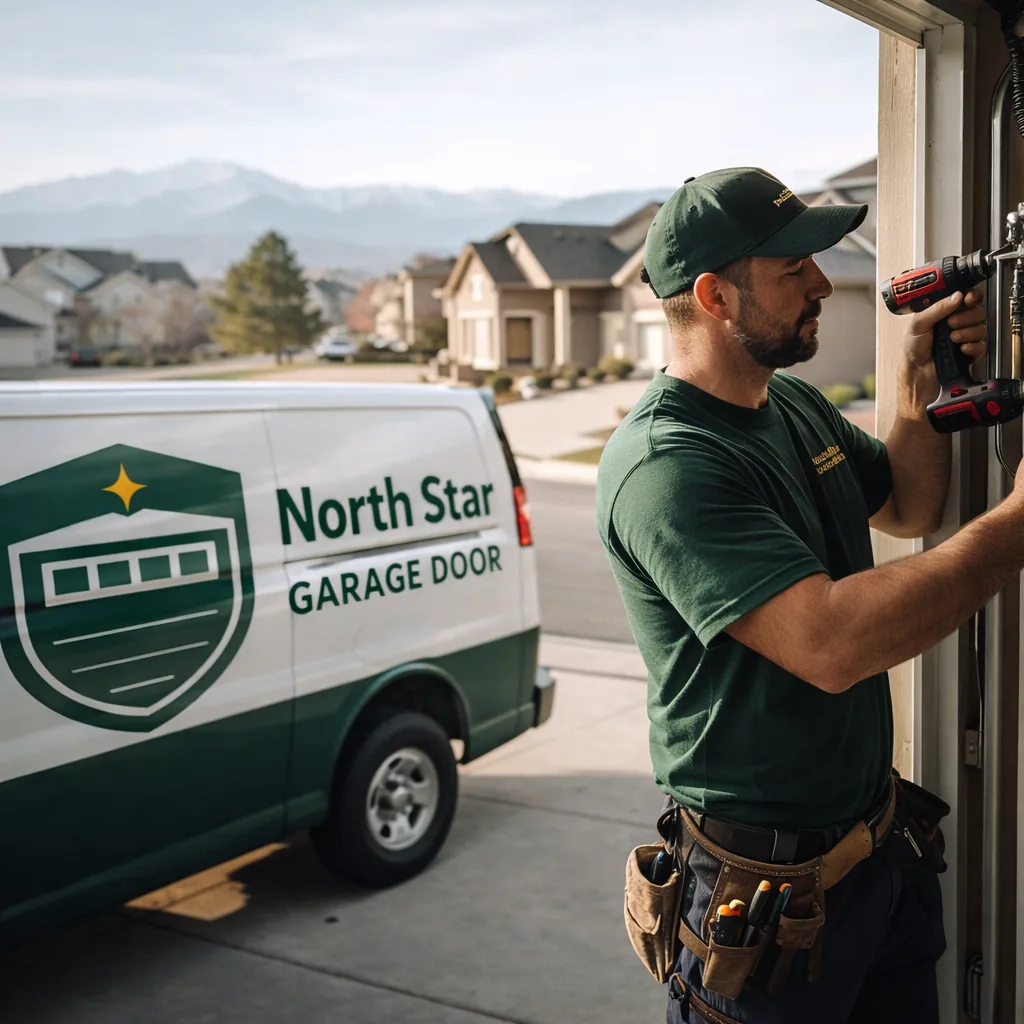 A North Star technician repairing a residential garage door on a driveway in Fountain, single-family homes visible along the street.