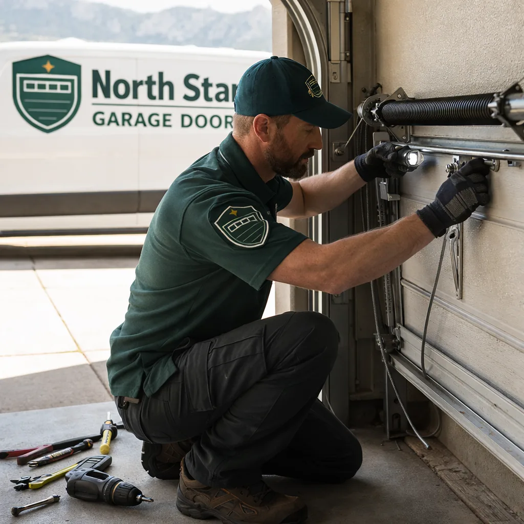 A North Star technician kneeling beside an open residential garage door in Fountain, inspecting the torsion spring and cables with tools laid out.