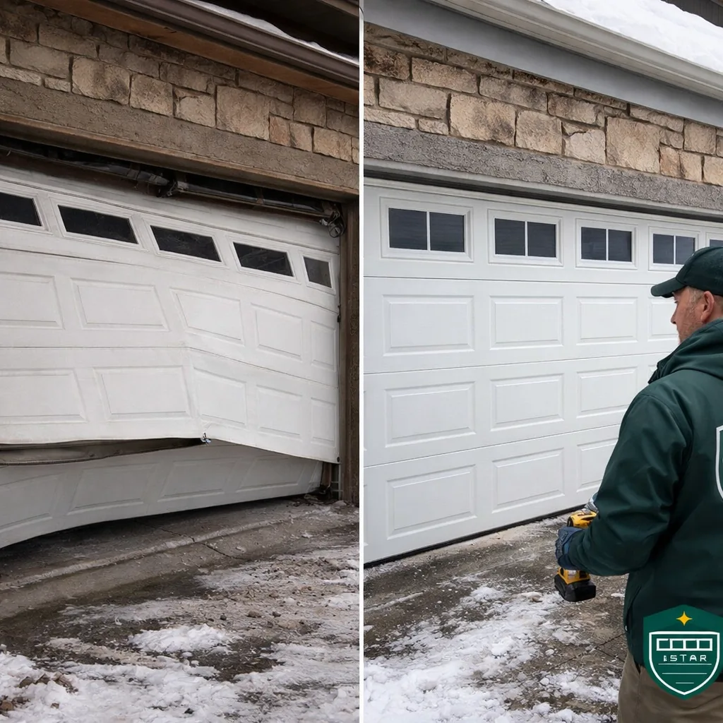 Before and after of a garage door at a Monument home: sagging with a broken spring on one side, level and repaired on the other, snow visible on the ground.
