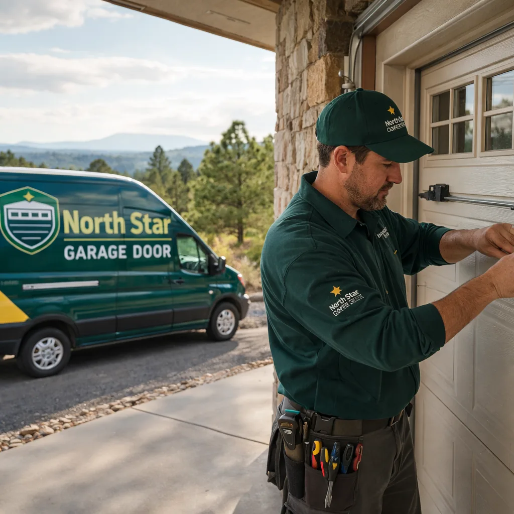 A North Star technician repairing a garage door on a home in Monument, Colorado, pine trees and the Palmer Divide ridgeline visible behind the driveway.