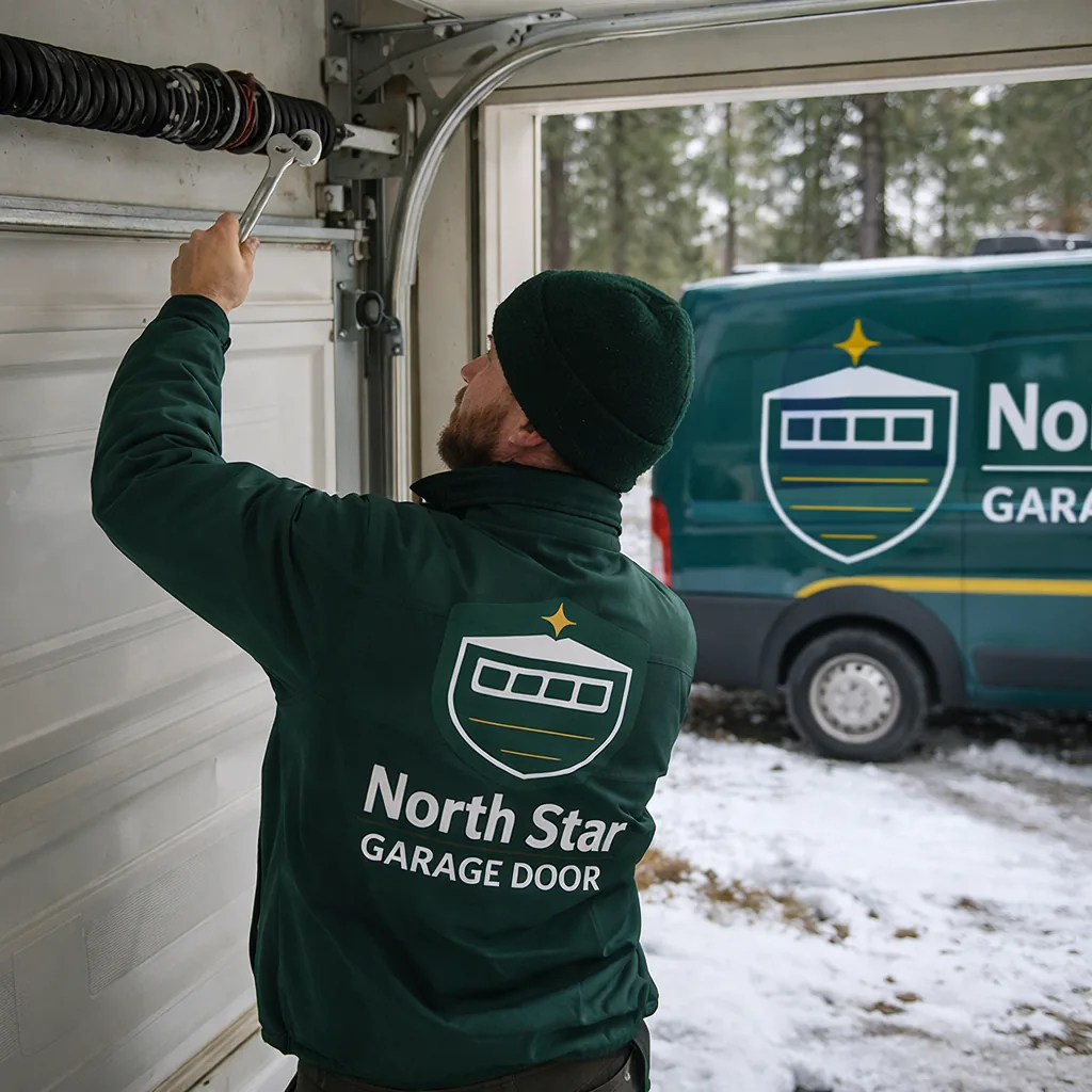 A technician inspecting a torsion spring above a garage door at a home in a Monument subdivision, pine trees in the yard and snow on the ground.