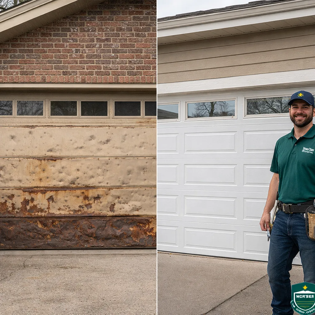 Side-by-side of a rusted, hail-dented garage door before replacement and a clean new insulated steel door after installation on the same home.