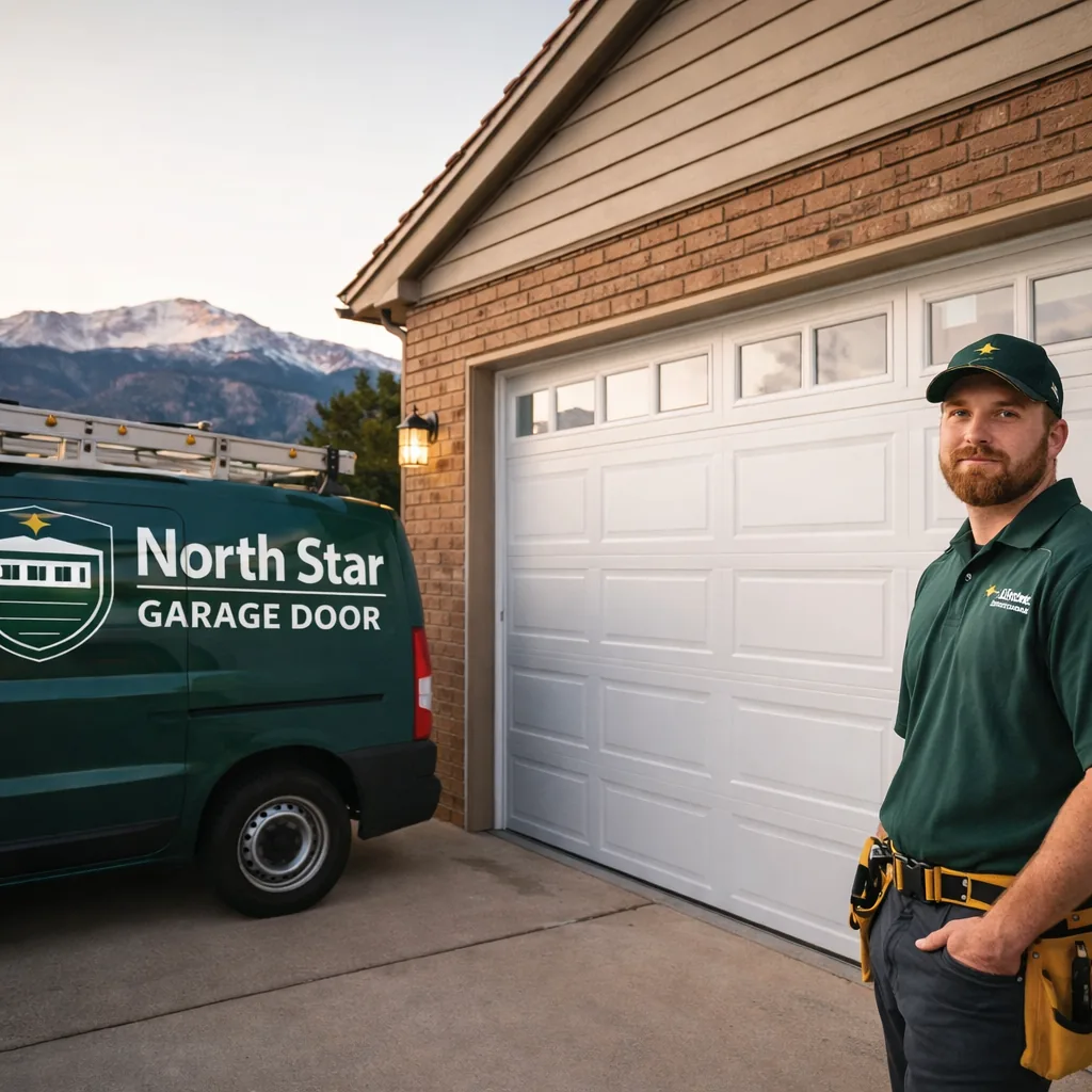 A North Star technician standing beside a newly installed sectional steel garage door on a Colorado Springs home, Pikes Peak visible in the distance.