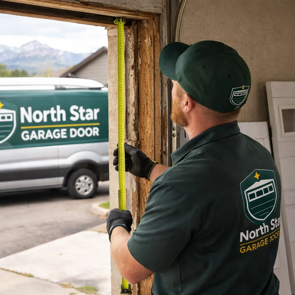 A technician measuring a garage door opening with the old damaged door partially removed, new door panels leaning against the garage wall.