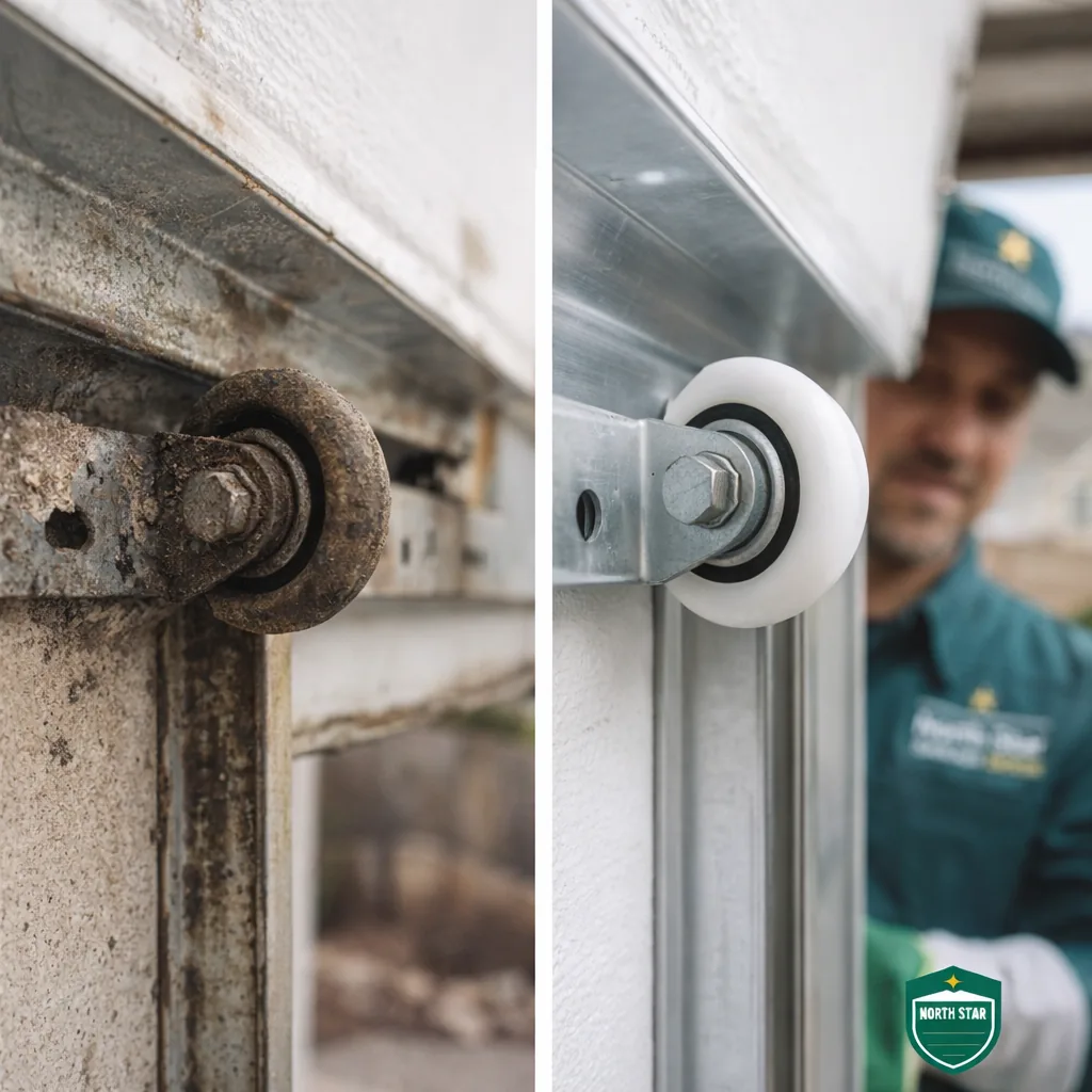 Side-by-side of a garage door track section before (rusted steel roller, visible grit and wear) and after (clean track with new nylon roller seated).