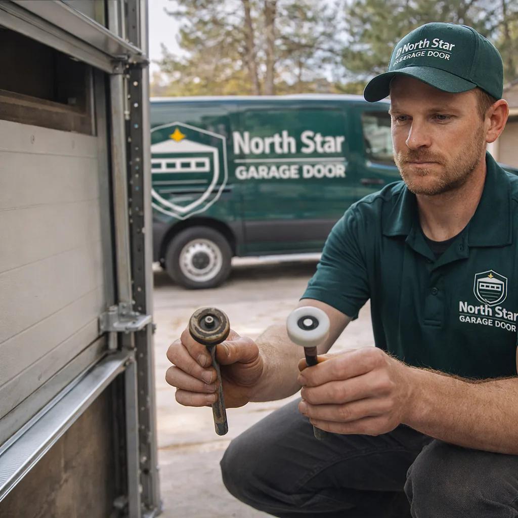 A North Star technician kneeling beside an open garage door track in a Colorado Springs garage, holding a worn roller next to a new nylon replacement.