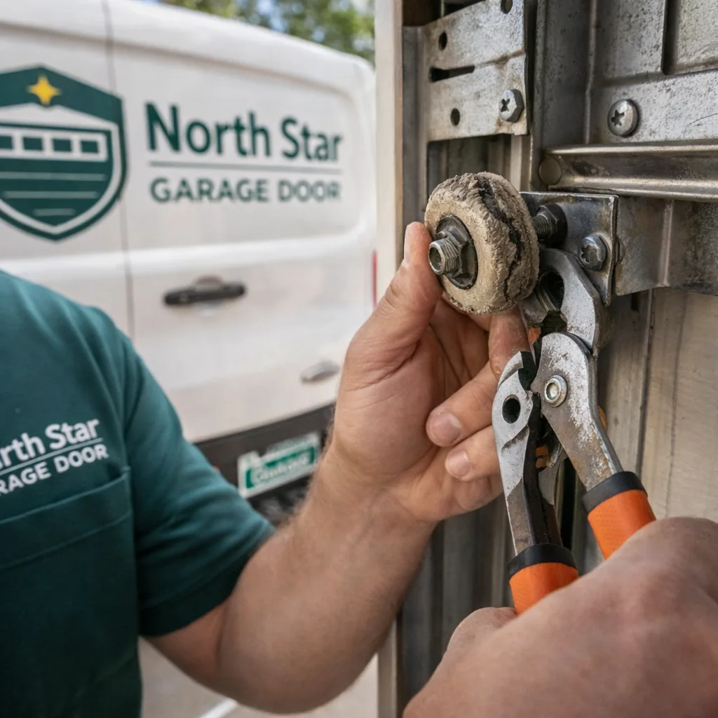 Close-up of a technician's hand pulling a cracked, worn garage door roller out of its track bracket.