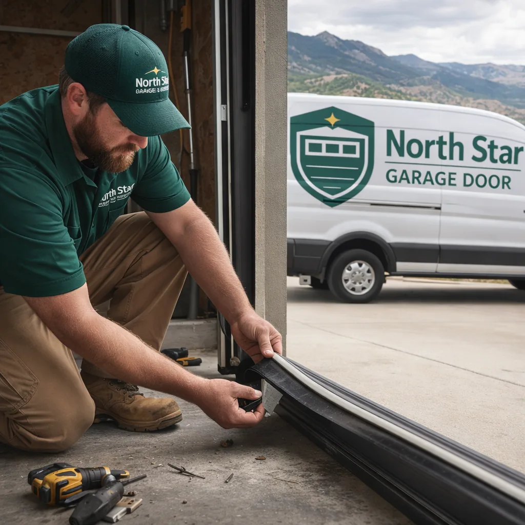 A North Star technician kneeling at the base of an open residential garage door, pulling a cracked vinyl bottom seal out of its aluminum retainer to install a new one, Front Range foothills visible behind the driveway.