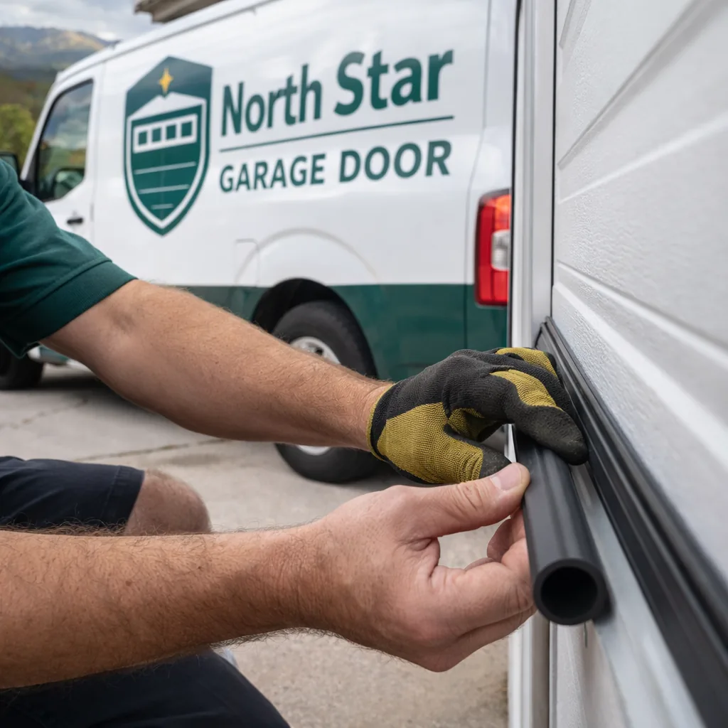 Close-up of a technician's hands pressing a new black vinyl bulb seal into the bottom retainer track of a garage door on a Colorado Springs driveway.