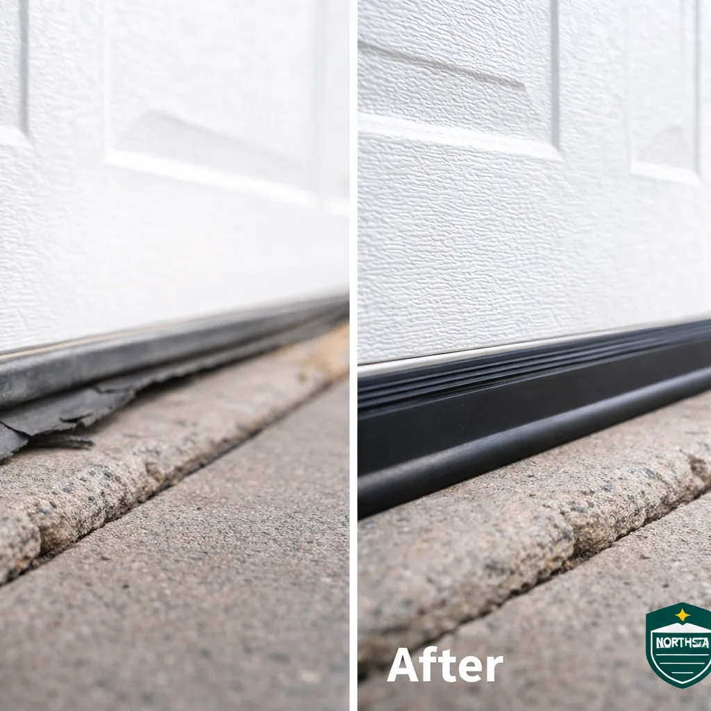 Side-by-side of a garage door bottom edge before (cracked, shrunken seal with visible daylight gaps) and after (new full-length black seal sitting flush against the concrete).