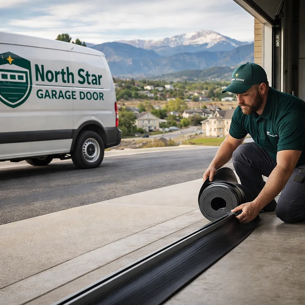A North Star technician rolling out a fresh full-length vinyl bottom seal beside an open sectional garage door, ready to feed it into a new aluminum retainer track.