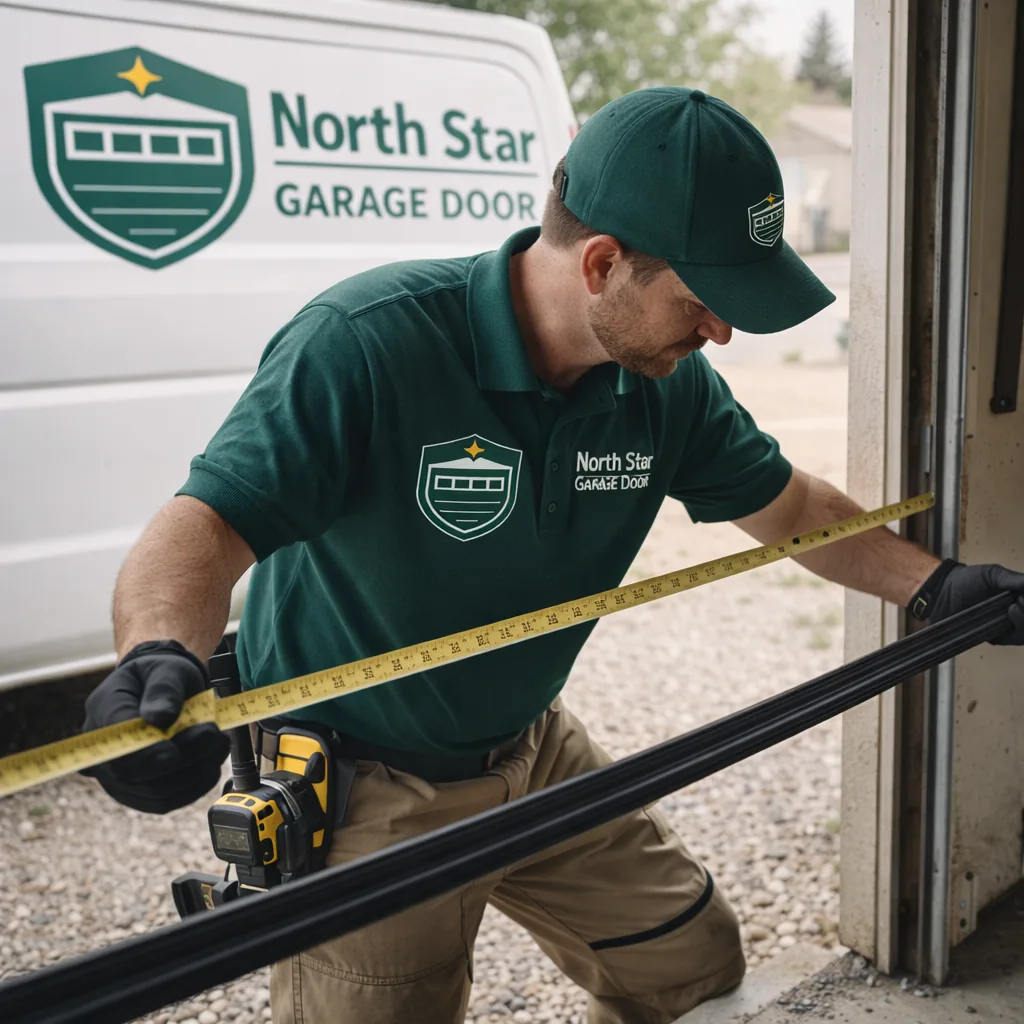 A technician measuring the width of a garage door opening with a tape measure before cutting a new bottom seal to length.