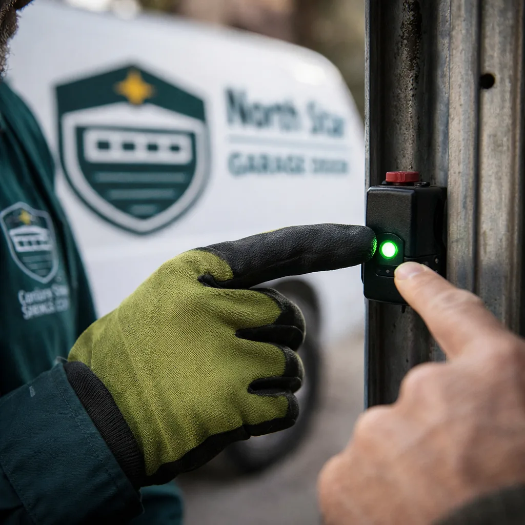 A technician showing a homeowner the small green indicator light on a properly aligned garage door safety sensor.