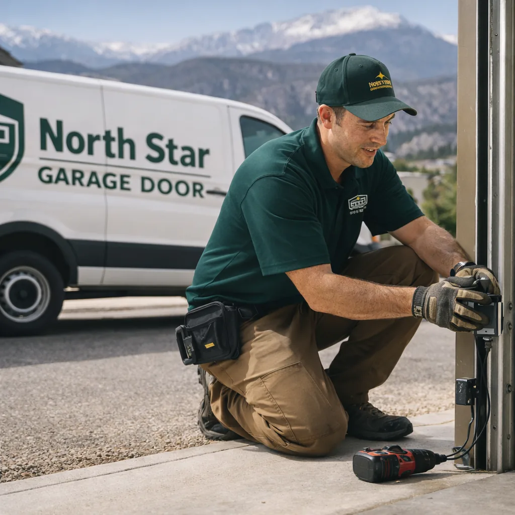 A North Star technician kneeling at the base of a garage door track, realigning a photo-eye safety sensor bracket in a Colorado Springs driveway.