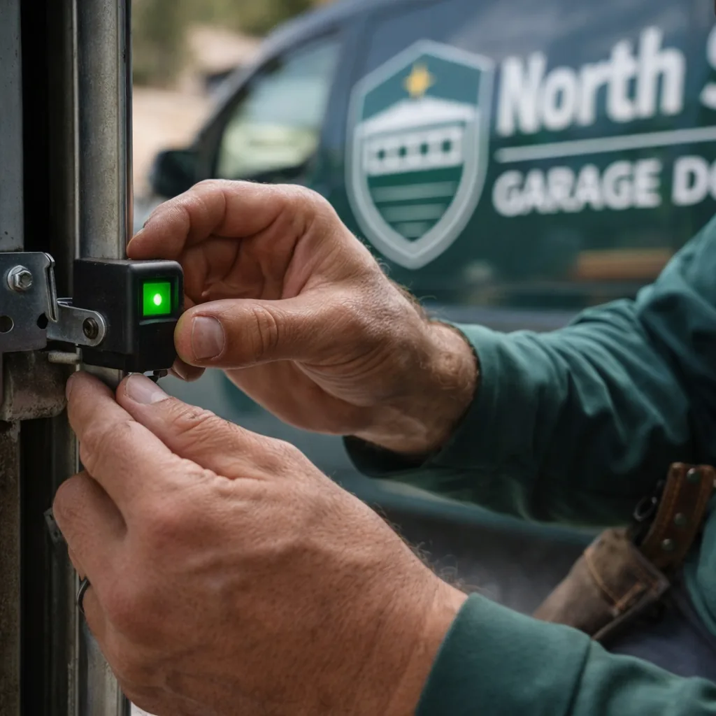Close-up of a technician's hands adjusting a garage door photo-eye sensor and checking the small indicator light on the unit.