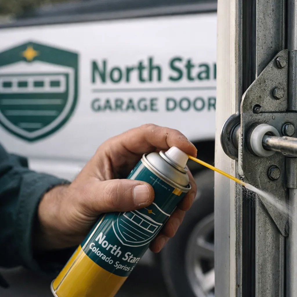 Close-up of a technician's hands lubricating a garage door roller and hinge track during a routine service visit.