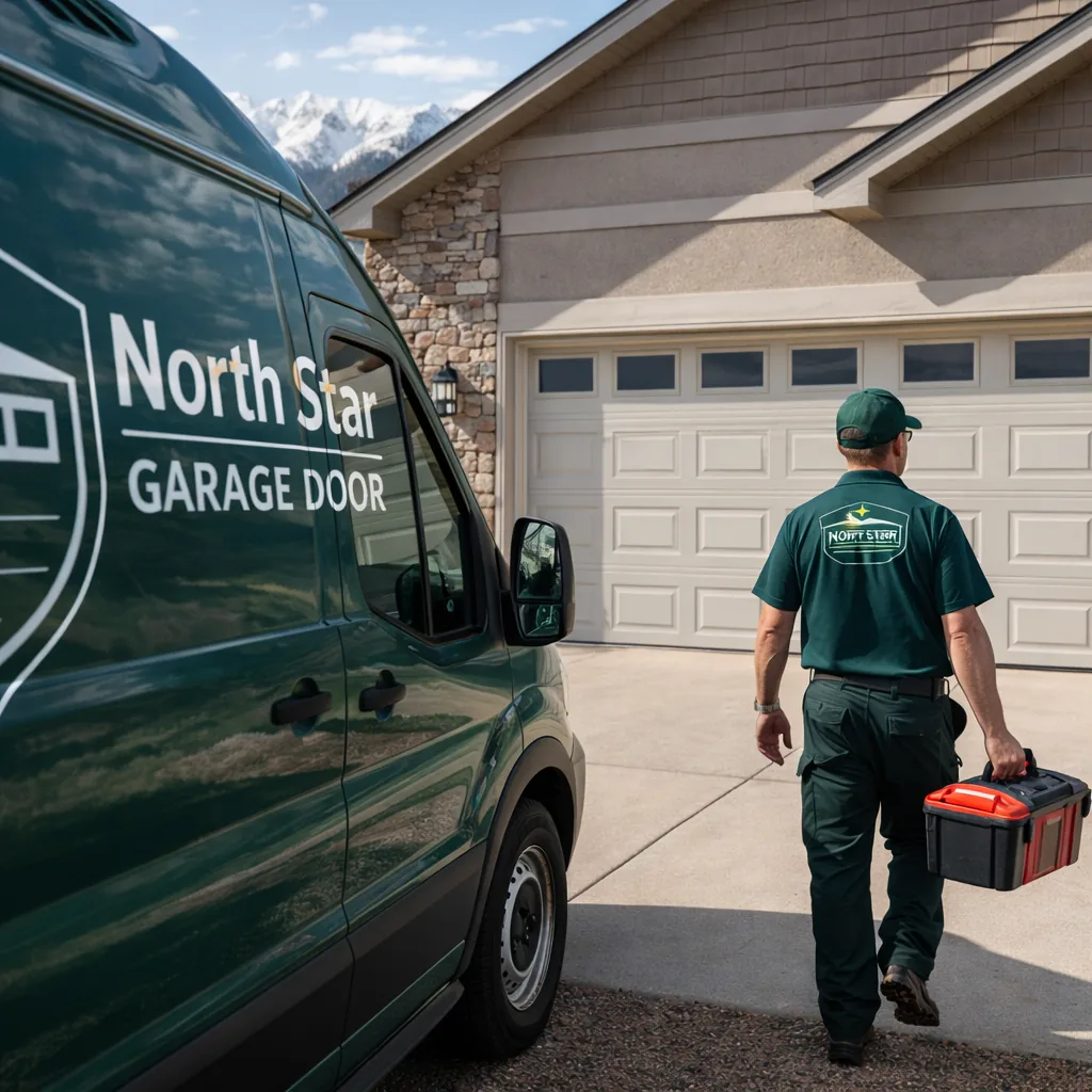 A North Star technician arriving at a Colorado Springs home in a branded service vehicle, toolbox in hand, walking up to a residential garage door.