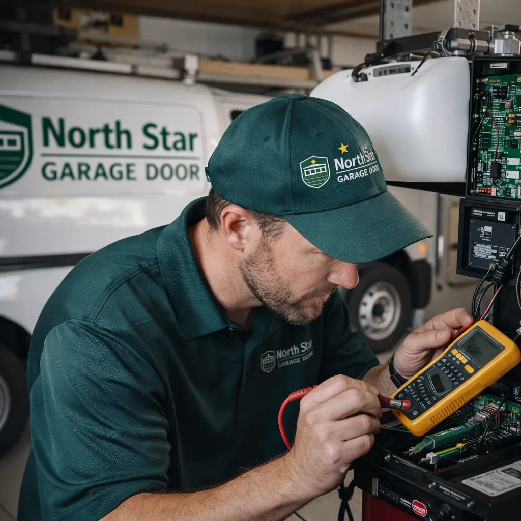 A technician using a multimeter and hand tools to test a garage door opener's logic board and safety sensors in a Colorado Springs garage.