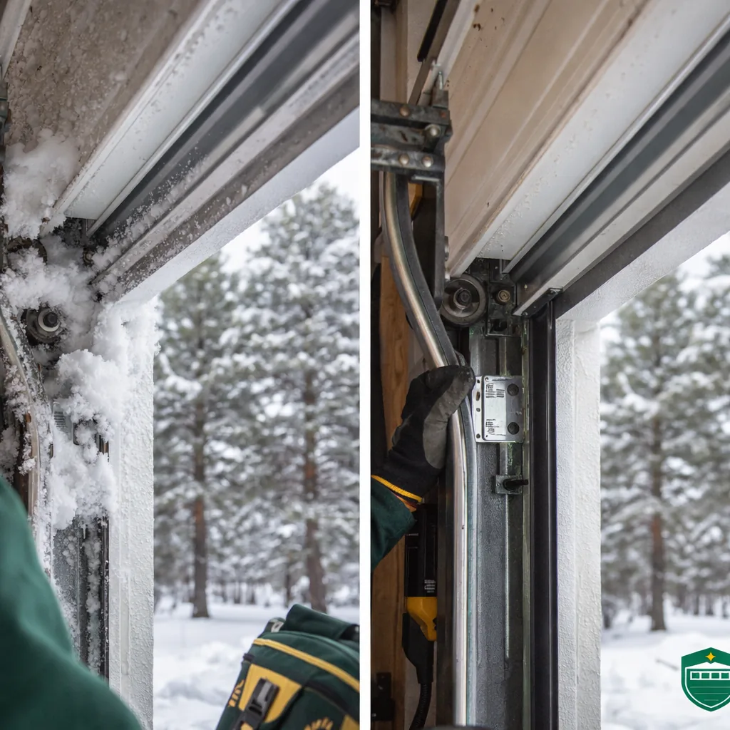 Side-by-side of a snow-caked garage door track before winter maintenance and the same door clear and cycling smoothly after a tune-up, Monument-area pine trees in the background.