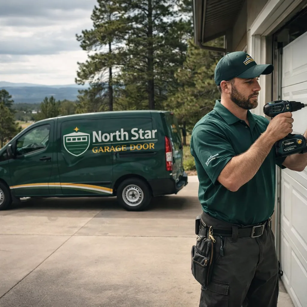 A North Star technician working on a residential garage door on a driveway in Monument, Colorado, ponderosa pines and rolling terrain visible behind the house.