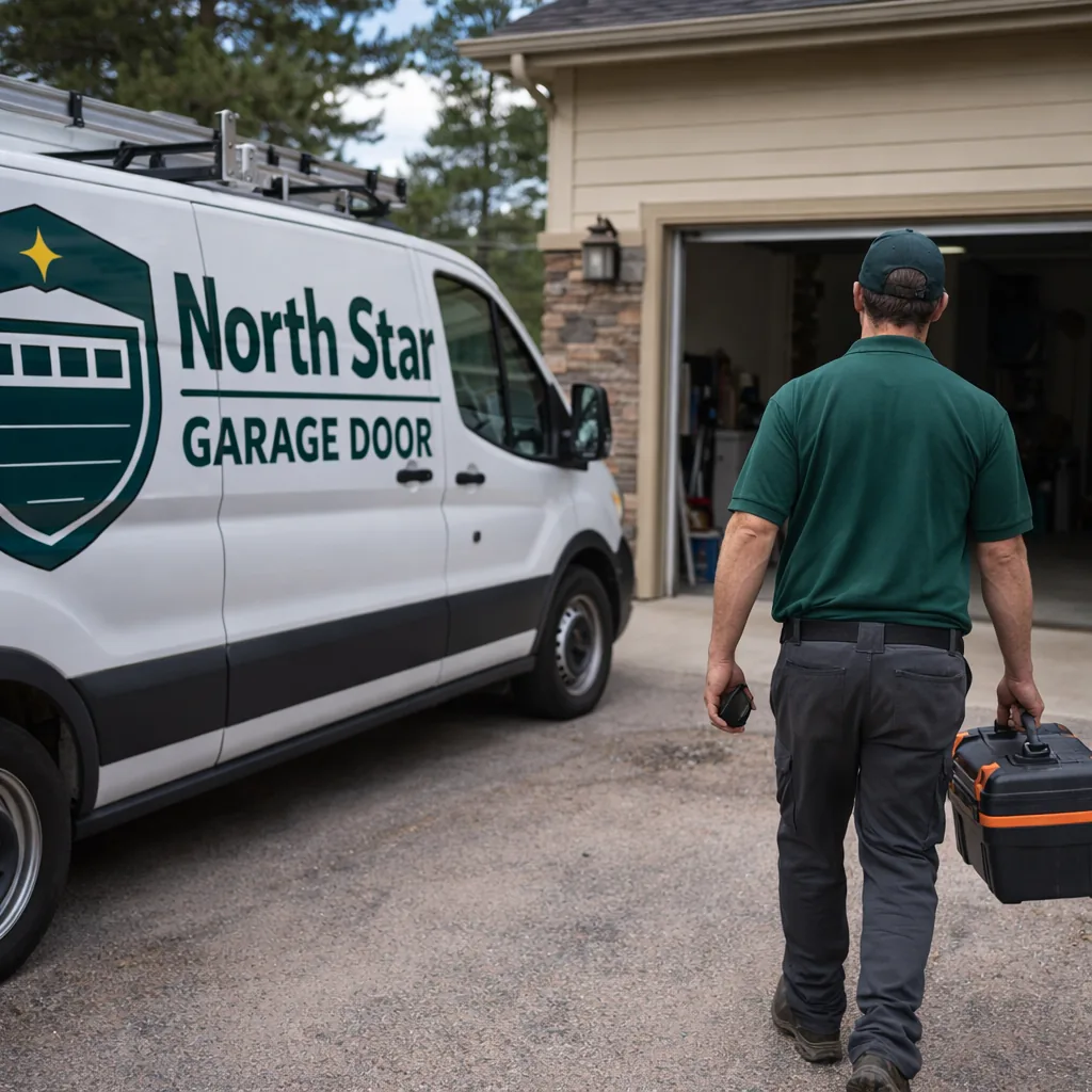 A North Star service van parked in a Monument, Colorado driveway with a two-car garage door open and a technician carrying a toolbox toward the house.