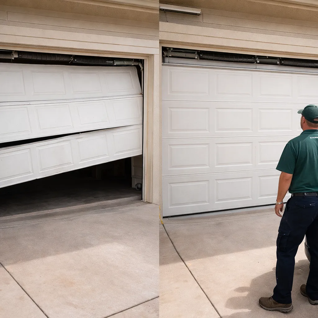 Side-by-side of a garage door with a sagging, off-balance panel from a broken spring next to the same door level and closing smoothly after new torsion springs were installed.
