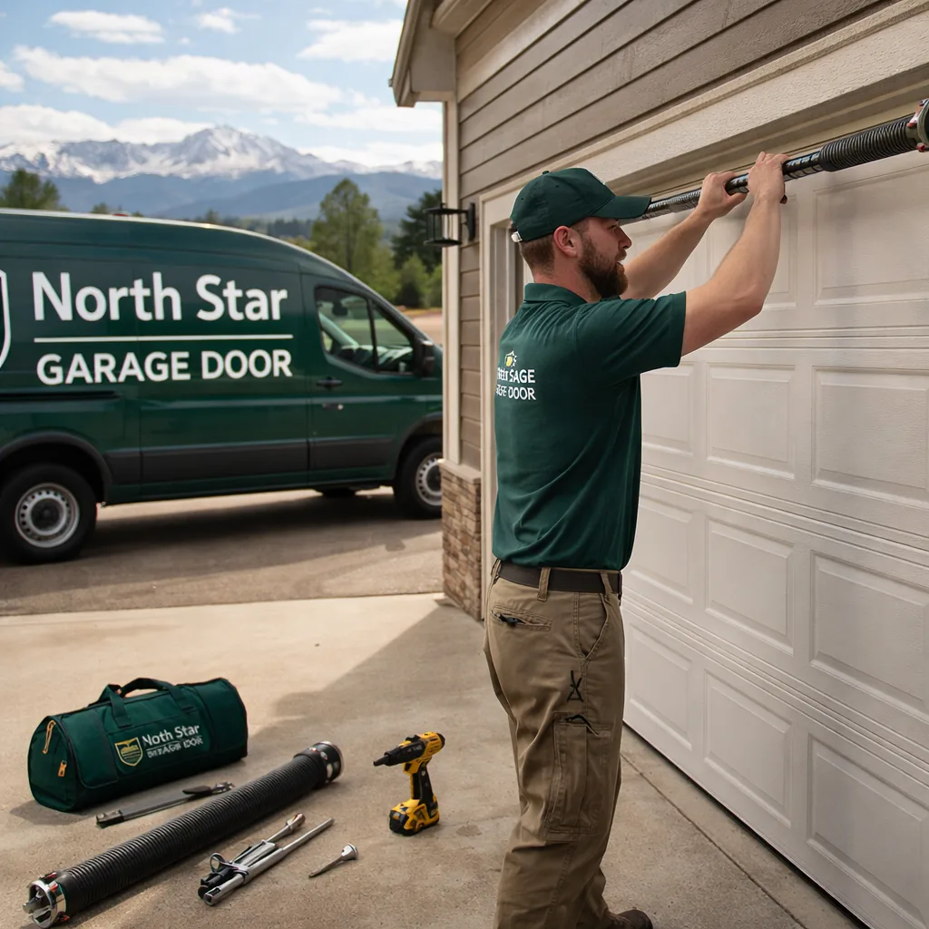 A North Star technician using winding bars to install a new torsion spring above a residential garage door in Colorado Springs, tools and a cycle-rated spring laid out nearby.