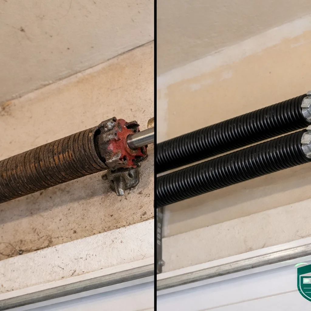 Side-by-side of an older, worn torsion spring coil next to a new matched pair of springs freshly installed on the same door shaft.