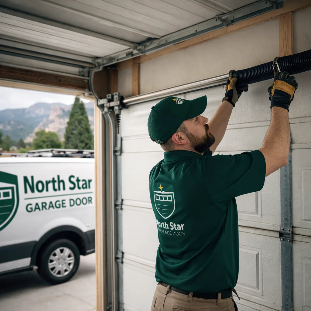 A North Star technician installing a matched pair of new torsion springs on a residential garage door shaft in a Colorado Springs garage.