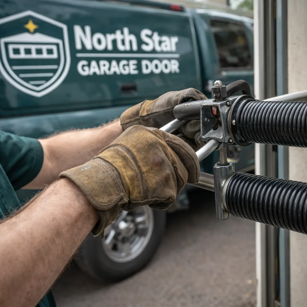 Close-up of a technician's hands winding a new torsion spring with winding bars on a garage door shaft, a matched second spring visible waiting for install.