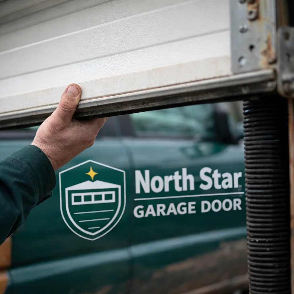 A technician's hand testing garage door spring tension by lifting the disconnected door partway and checking whether it holds level.