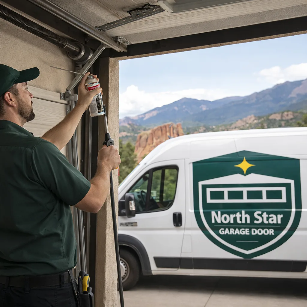 A North Star technician lubricating the torsion spring and track of a residential garage door in a Colorado Springs driveway during a routine tune-up visit.