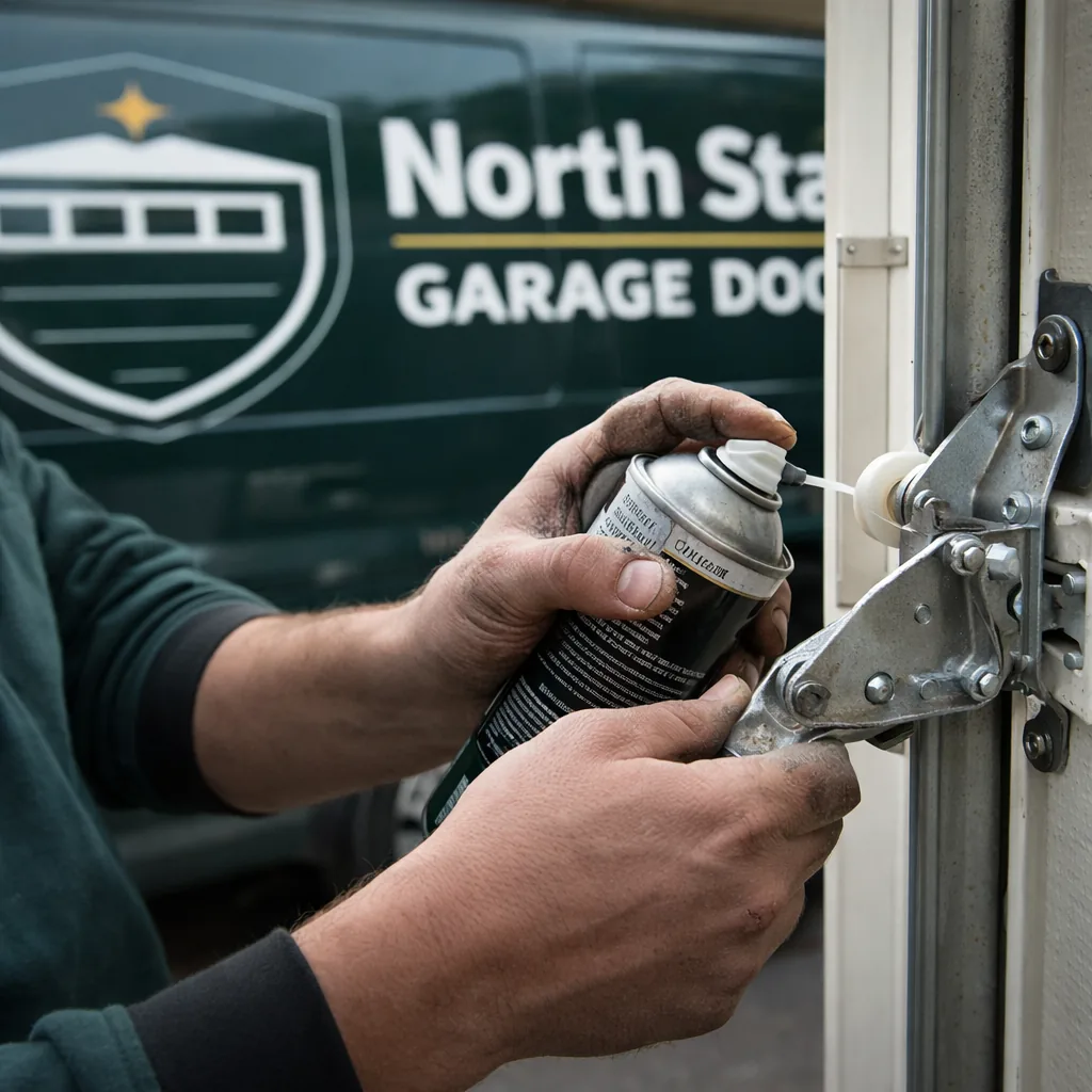 Close-up of a technician's hands applying lubricant to a garage door hinge and roller during a tune-up.