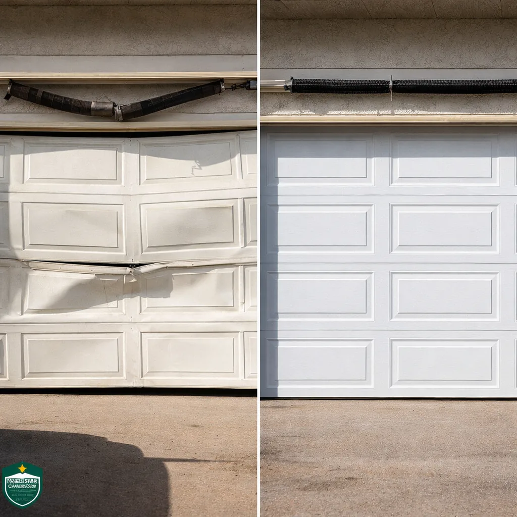 Side-by-side of a garage door with a snapped spring and sagging panel before repair, and the same door level and running smoothly after repair.