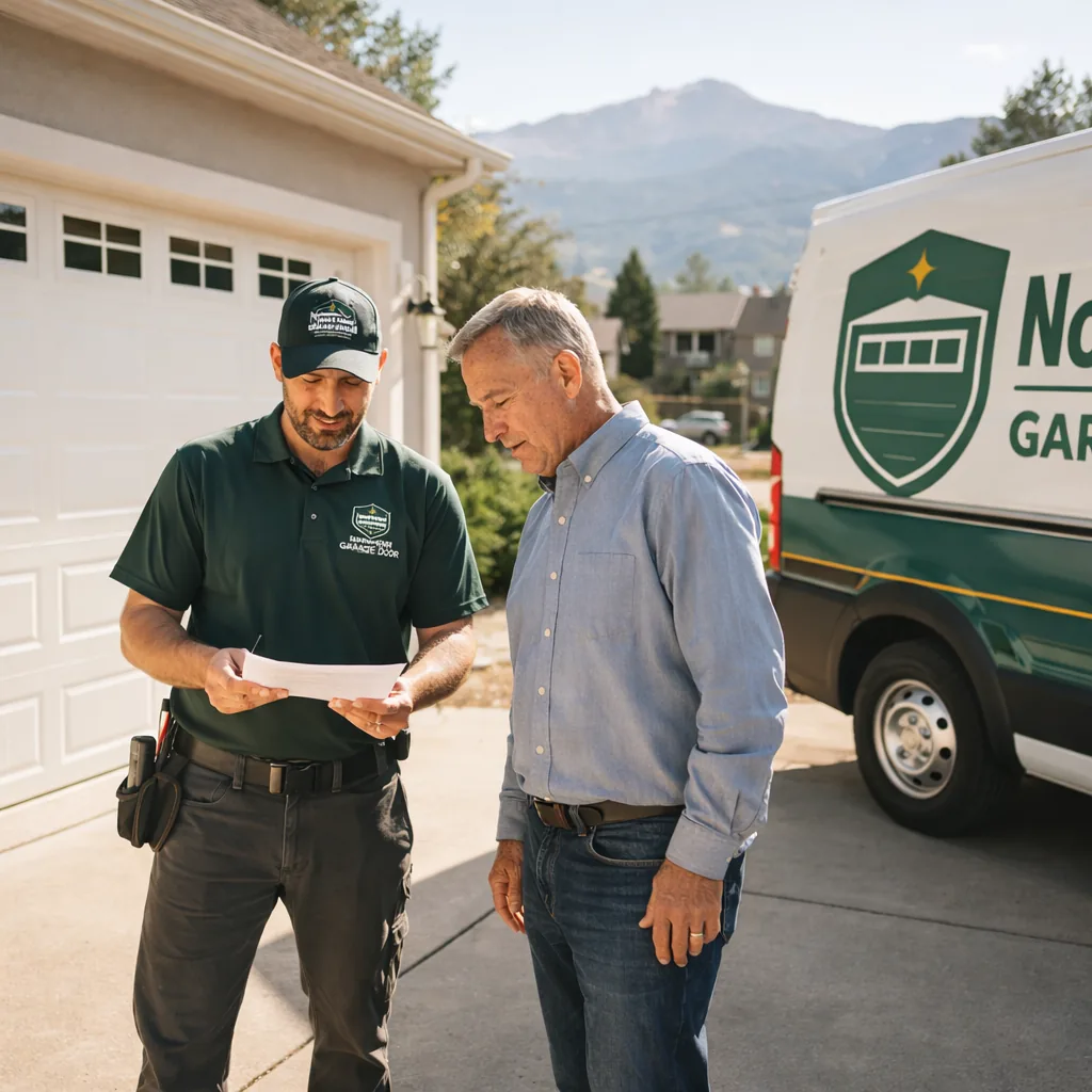 A North Star technician standing beside a newly installed insulated steel garage door on a Colorado Springs home, reviewing a written quote with the homeowner in the driveway.