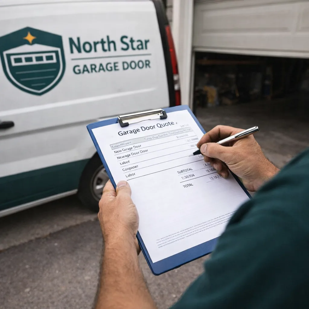 A technician's clipboard showing a simple itemized garage door quote on a driveway, with a partially open garage door in the background.
