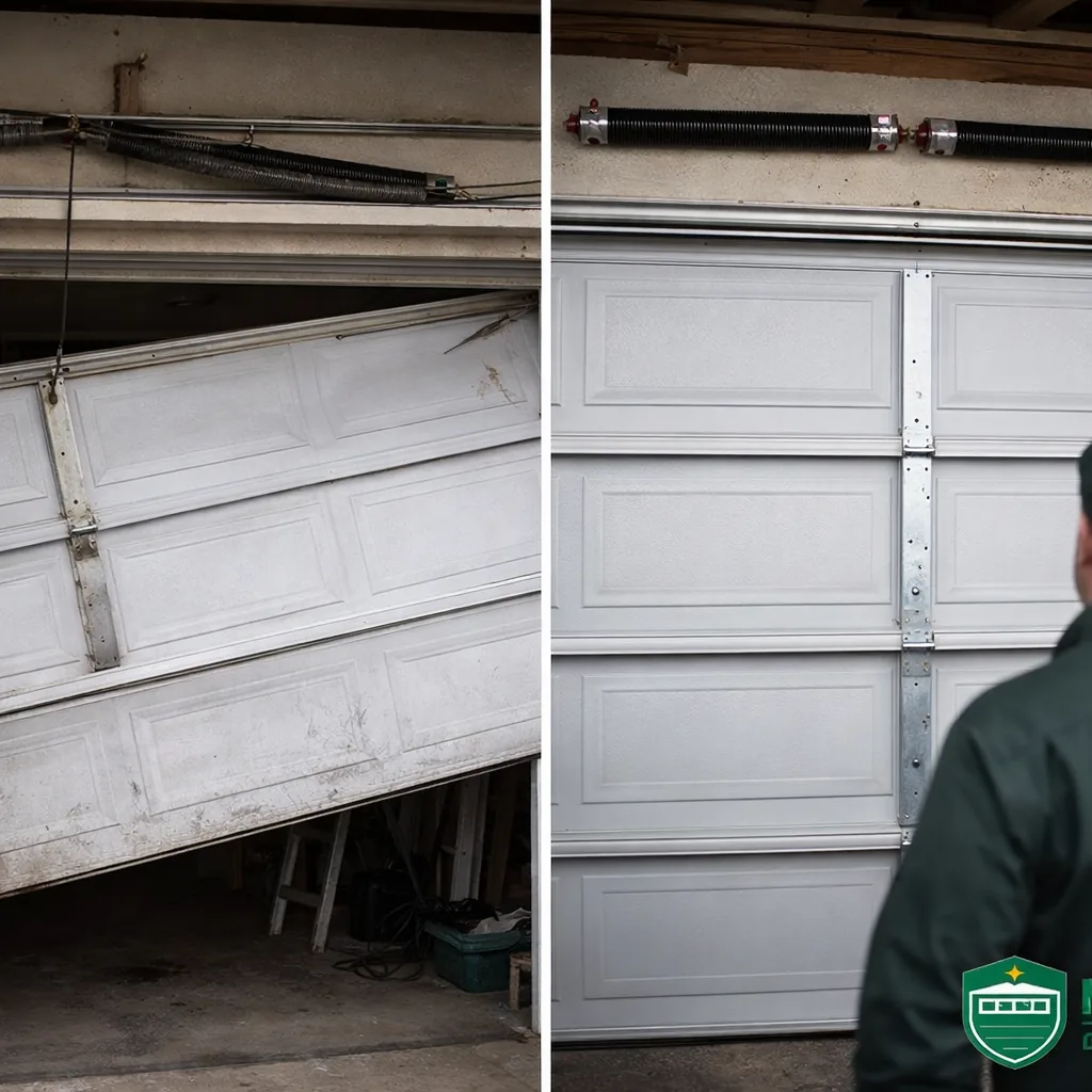 Side-by-side of a garage door before repair with a snapped spring and a sagging door, and after with new matched springs installed and the door level.