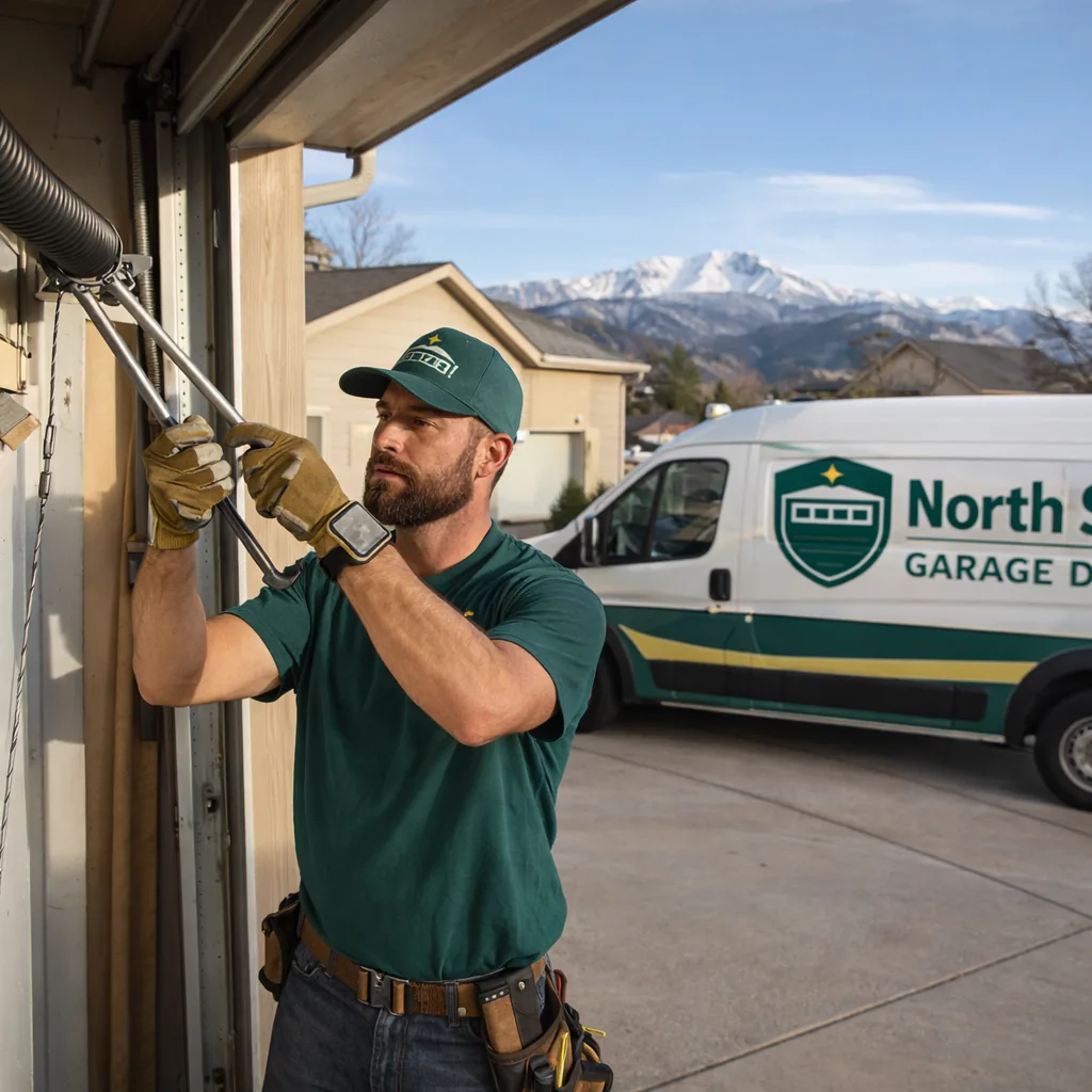 A North Star technician installing a new torsion spring on a residential garage door, winding bars and safety cable visible, in a Colorado Springs driveway.