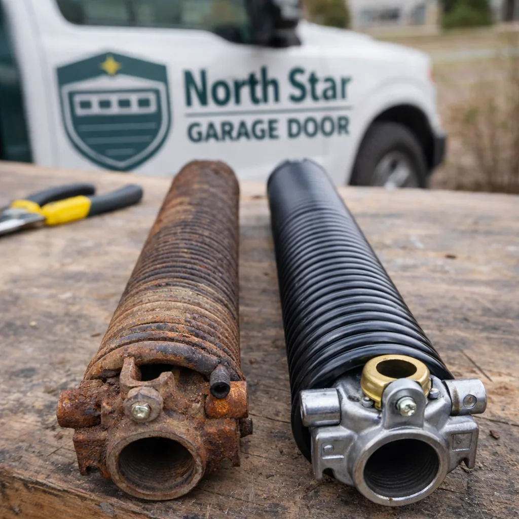 Close-up comparison of a worn, rusted torsion spring next to a new cycle-rated replacement spring on a workbench.