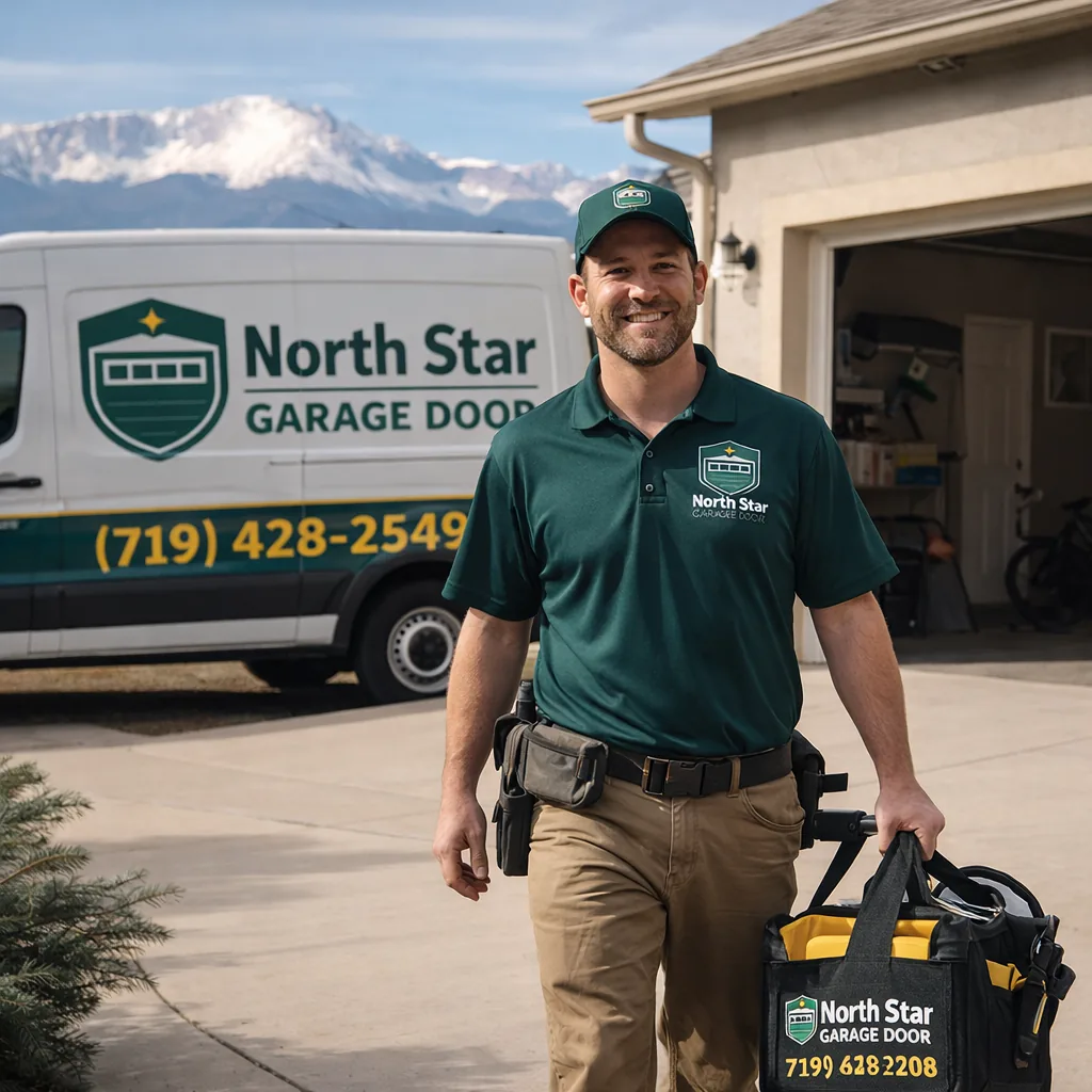 A friendly North Star technician arriving at a Colorado Springs home, branded uniform, garage door open behind, Pikes Peak in the distance.
