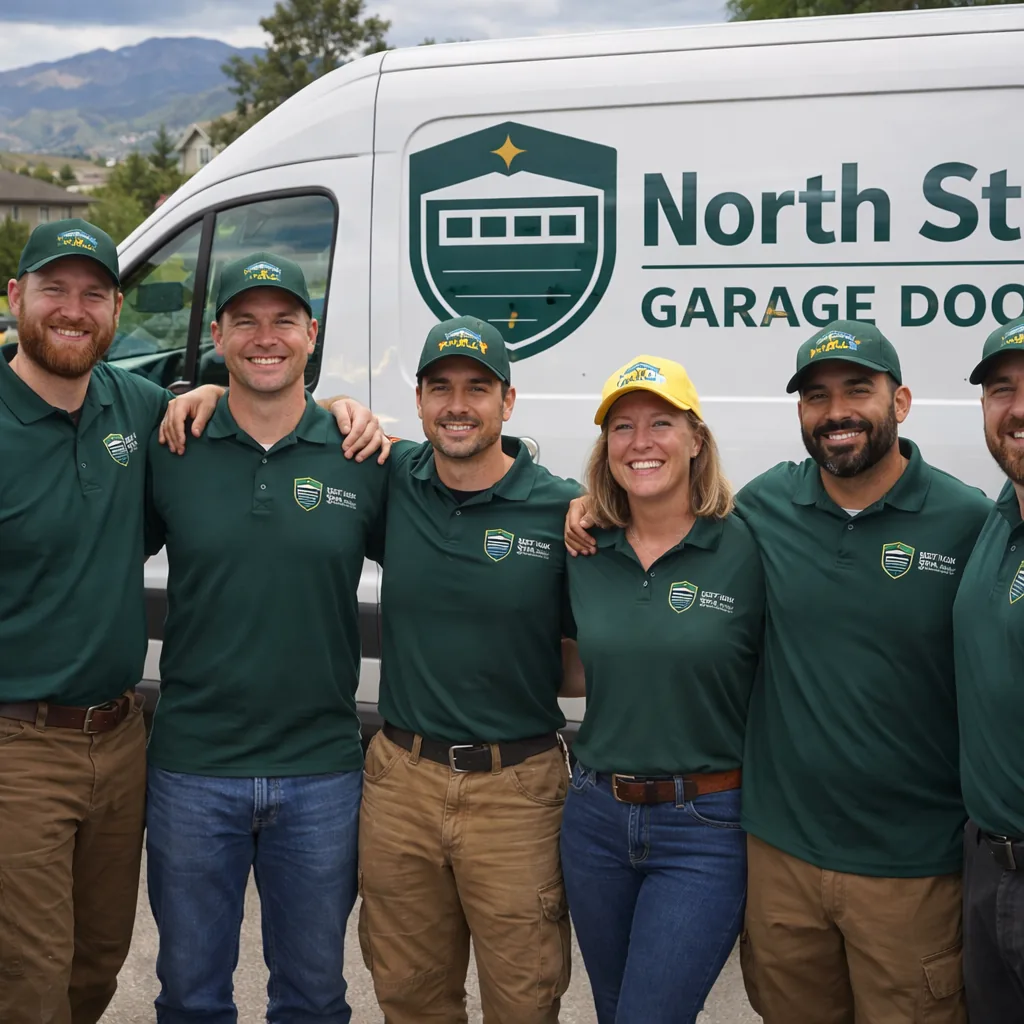 The North Star Garage Door crew standing together in branded uniforms in front of a service vehicle, friendly and approachable.