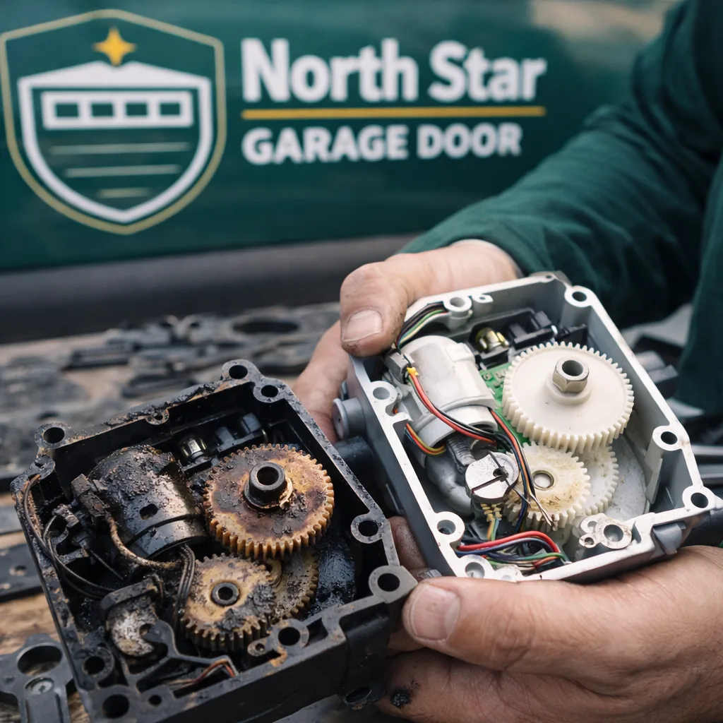 Close-up of a technician's hands holding a burned-out garage door opener motor next to its replacement, gears and wiring visible on a workbench.