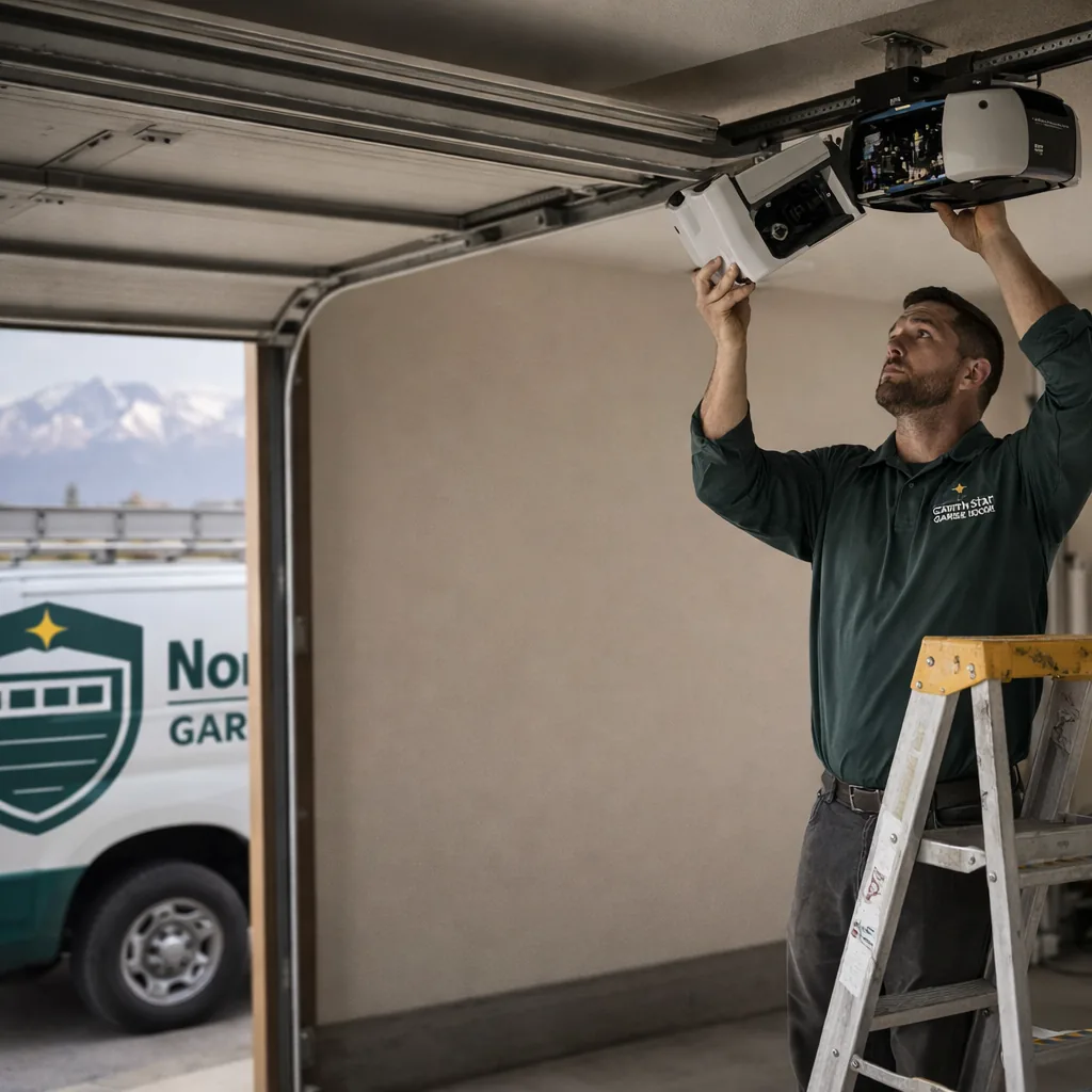 A North Star technician on a ladder inside a Colorado Springs garage, removing the motor housing cover from an overhead opener mounted to the ceiling rail.