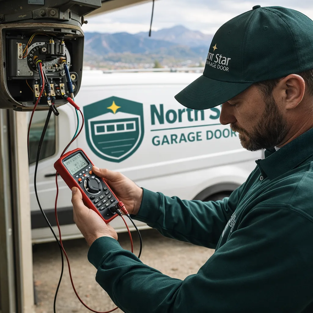 A North Star technician holding a multimeter up to an opener's motor terminals, testing the windings with the housing cover removed.